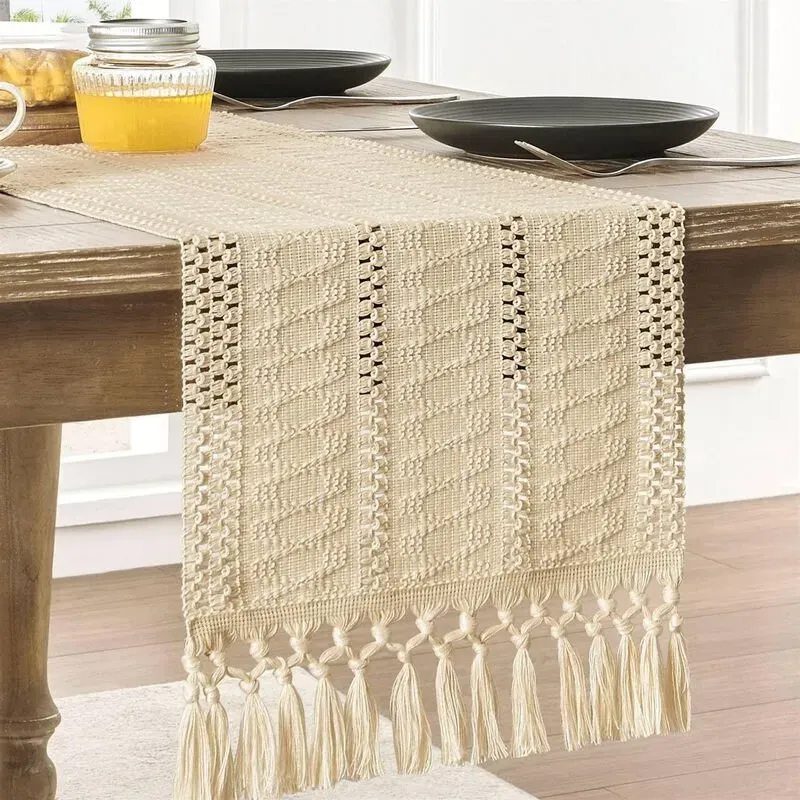 Boho Tischläufer 5er-Set Tischläufer und Platzsets, Bauernhaus Rustikale Esszimmer-Küchen-Mittelstück-Dekoration, kleiner Makramee-gewebter Couchtischläufer für Kommodenschal Heimdekoration 12x72 Zoll*1, 12,5x16,5 Zoll*4, beige