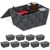 Relaxdays 10 x Aufbewahrungskorb mit Deckel, Flechtoptik, Bad Organizer