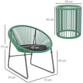 Outsunny Polyrattan Gartenmöbel Set, Outdoor Balkonmöbel für 2 Personen, 3-teilig Sitzgruppe mit 2 Stühle, Beistelltisch, Sitzkissen, wetterfest Gartenmöbel für Garten, Balkon, Grün Metall, Gartenmöbel-Sets