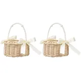 2 Stück Wicker Rattan Blumenmädchen Korb, Blumenkorb mit henkel und Schleife Hochzeit Blumenmädchen Weidenkorb klein