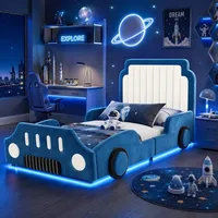 Flieks Kinderbett 90x200cm mit Led, Polsterbett Einzelbett mit Rausfallschutz und Lattenrost, Kinderbett in Autoform Autobett, Samt, Blau - Blau