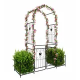 Relaxdays Rosenbogen Metall, Rundbogen mit Tor & 2 Pflanzkästen, HBT: 220x202x50 cm, Rankbogen Garten, Rosentor, schwarz