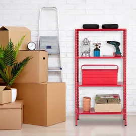 Relaxdays Schwerlastregal, Traglast 160 kg, 4 Ebenen, HxBxT 147,5 x 75,5 x 30,5 cm, Keller & Garage, Metallregal, rot