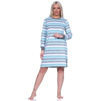 Normann Nachthemd Damen Frottee Nachthemd langarm mit Bündchen in Blockstreifenoptik blau 48/50