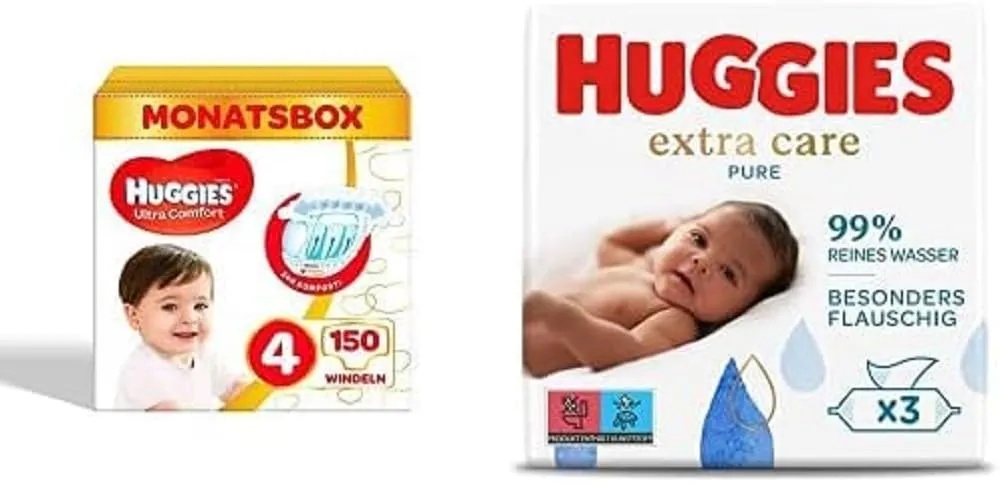 Bundle aus Huggies Ultra Comfort Babywindeln, Größe 4 (7–18 kg), 150 Stück + Huggies Pure Extra Care Baby-Feuchttücher, 99% reines Wasser, Parfümfrei, 3 x 56 Tücher, Triopack