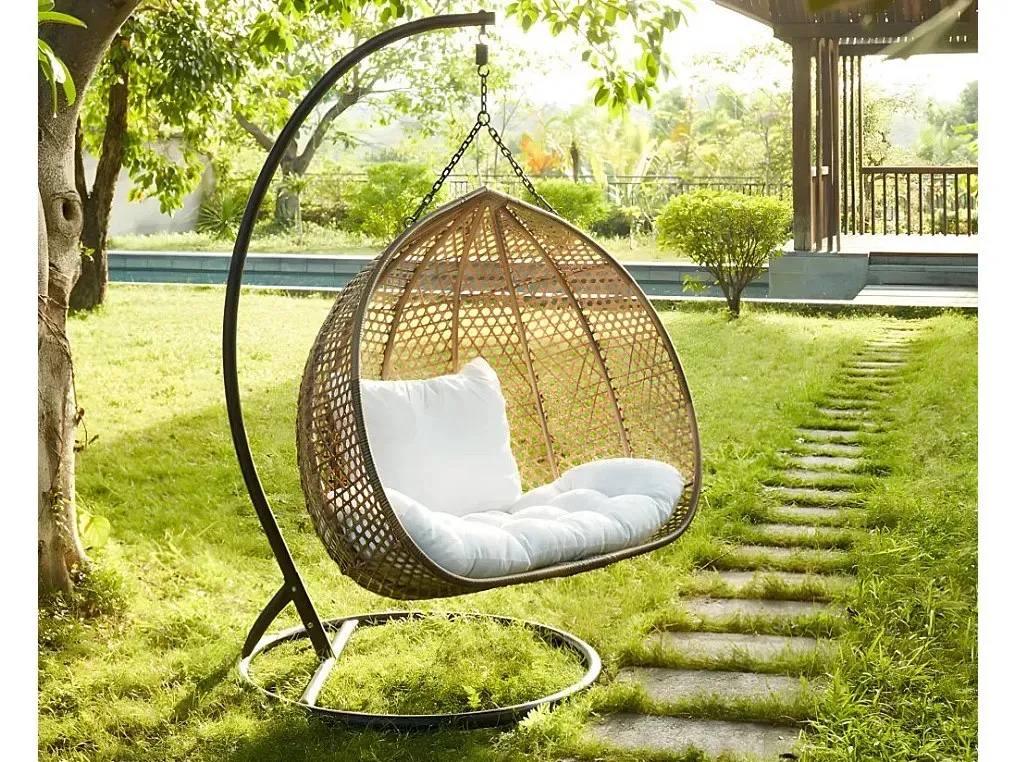Hängesessel 2-Sitzer Polyrattan - Beige mit weißem Kissen - VAHINA von MYLIA