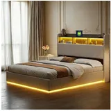 pxloue Doppelbett Tagesbett 90x200cm Polsterbett mit LED USB und Stauraum in Beige