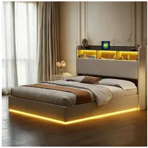 pxloue Doppelbett Tagesbett 90x200cm Polsterbett mit LED USB und Stauraum in Beige