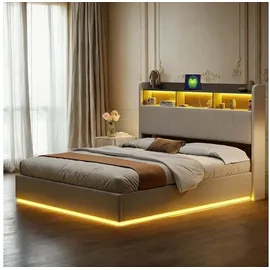 pxloue Doppelbett Tagesbett 90x200cm Polsterbett mit LED USB und Stauraum in Beige