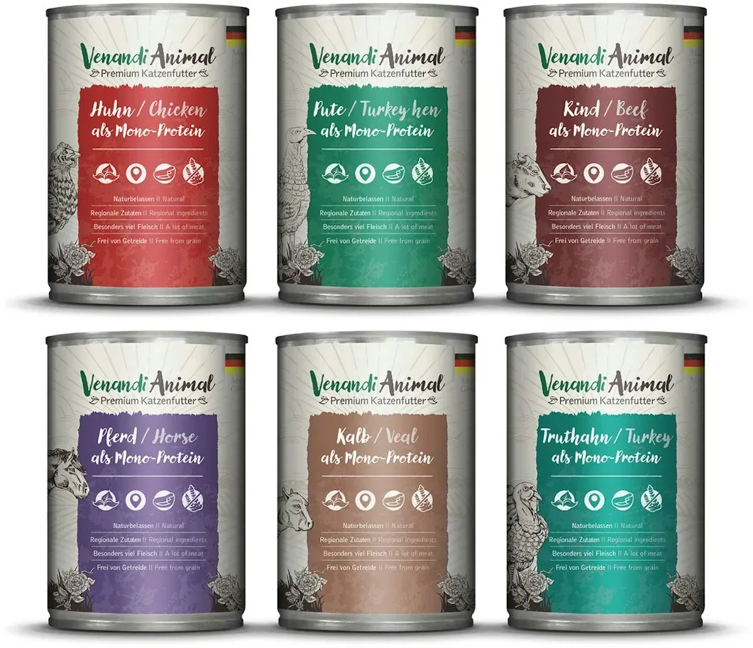 Venandi Animal 6x400g Mix-Paket Katzennassfutter Huhn/Pute/Rind/Pferd/Kalb/Truthahn