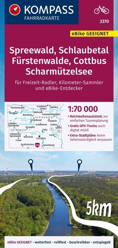 Kompass Fahrradkarte 3370 Spreewald  Schlaubetal  Fürstenwalde  Cottbus  Scharmützelsee Mit Knotenpunkten 1:70.000  Karte (im Sinne von Landkarte)