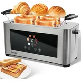 7MAGIC Toaster Edelstahl 4 Scheiben mit Brötchenaufsatz, 1400W 6 Bräunungsstufen, Langschlitz mit Touchscreen LED Anzeige, Auftau-/Aufwärm-/Schn... - Silber
