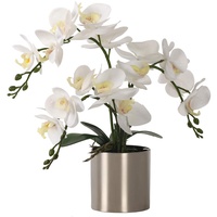 LESING Künstliche Orchideen-Blume mit Vase, weiße Orchidee, Bonsai, künstliche Orchidee, Phalaenopsis, Blumentopf, Arrangements für Heimdekoration (weiß, silberfarbene Vase)