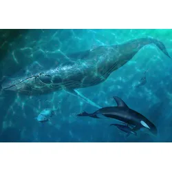 Fototapete PAPERMOON "Wal und Orcas", bunt, B:3,50m L:2,60m, Vlies, Tapeten