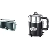 Russell Hobbs Toaster Langschlitz Luna grau, inkl. Brötchenaufsatz, 6 einstellbare Bräunungsstufen & Wasserkocher, Retro schwarz, 1,7l, 2400W, Schnellkochfunktion, Wassertemperaturanzeige