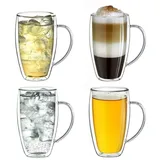 Creano doppelwandiges Thermoglas mit Henkel 250ml, großes Doppelwandglas aus Borosilikatglas, Kaffee-/Teeglas, 4x 250ml