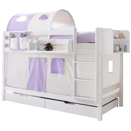TICAA Etagenbett Marcel 90 x 200 cm inkl. Vorhang Kiefer massiv weiß beige/lila