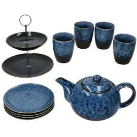 Mambocat 10tlg Teeset SCONES BLAU aus Steingut 1x Etagere, 1x Kanne, 4x Becher & 4x Teller - 24303276