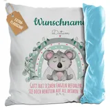 PR Print Royal Flauschiges Kissen zur Taufe mit Name & Datum - Koala - Gott hat seinen Engeln befohlen - Grün, Geschenk zur Taufe, personalisierte Taufgeschenke | mit Kissenfüllung, Rückseite Hellblau