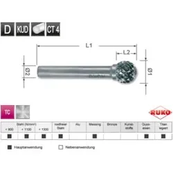 RUKO Hartmetall Frässtift Form D Kugel (KUD) Durchmesser 10,0 mm L1 min 49 mm