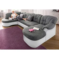 Wohnlandschaft DOMO COLLECTION "Flores auch in Leder-Bezug, B/T/H: 293/180/86 cm, U-Form" Sofas Gr. B/H/T: 293cm x 84cm x 182cm, Kunstleder SOFTLUX-Struktur, Recamiere rechts, mit Bettfunktion-mit Federkern, weiß (weiß/weiß/grau) wahlweise mit Bettfunktion, Federkern