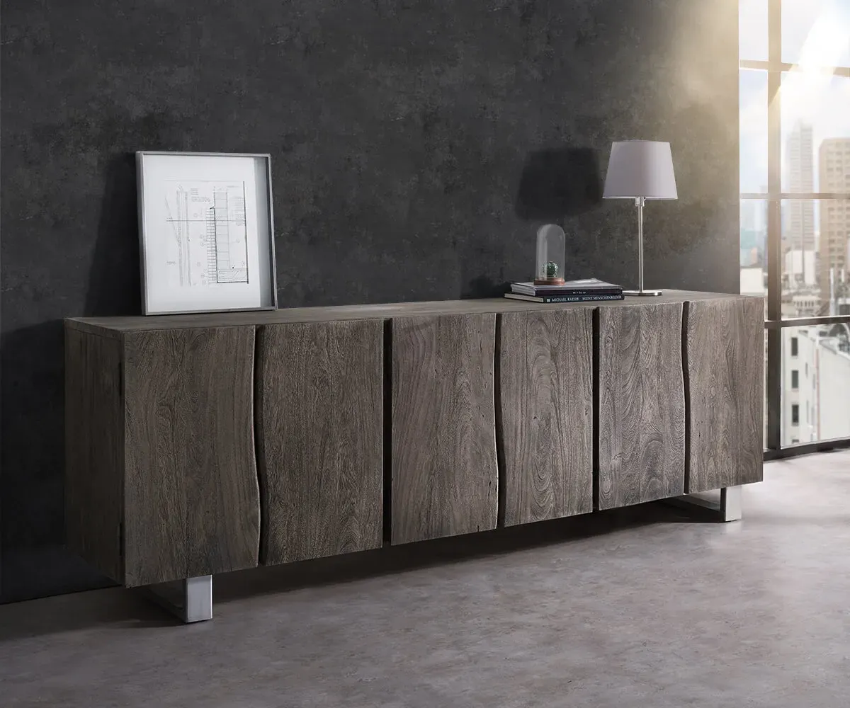 DELIFE Buffet Live-Edge 220 cm acacia massif platine 6 portes, Buffets, Baumkantenmöbel, Massivholzmöbel, Massivholz