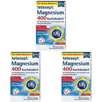 tetesept Magnesium 400 hochdosiert – Nahrungsergänzungsmittel mit Magnesium – leicht schluckbare Magnesium Tabletten für aktive, normale Muskeln*– 1 x 30 Tabletten (Packung mit 3)