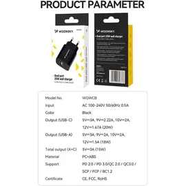 wozinsky Wgwcb USB-A USB-C 20W Wandladegerät - Schwarz
