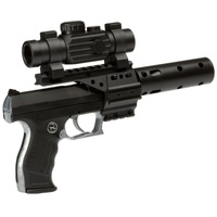 PARTY DISCOUNT J.G.Schrödel PB 001: Spielzeugpistole für Zündplättchen,mit Schalldämpfer und Ziffernrohr, ideal für das Polizeikostüm, 13 Schuss, 29 cm, schwarz (307 0100)