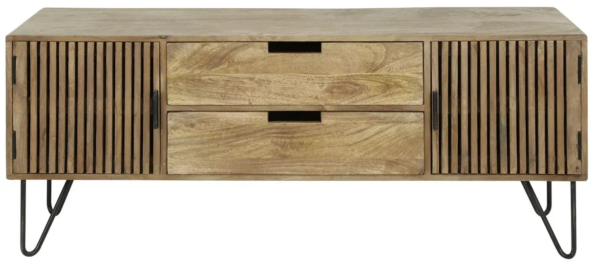 TV-Board Mangoholz massiv, modernes Lamellen Design, Braun Natur, 2 Schubladen, 2 Türen, 135 cm