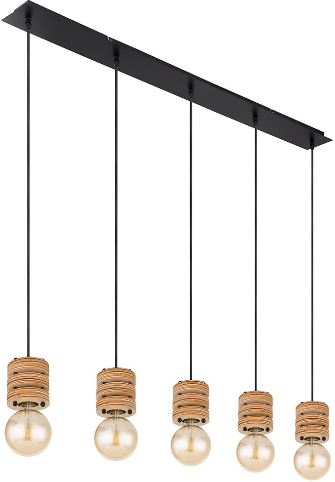 Esstischlampe hängend Holz Pendelleuchte Esstisch Holz Holzlampen Decke hängend, Metall MDF schwarz, 5x E27 Fassung, LxBxH 116x10x120 cm