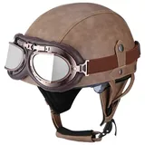 BDTOT Retro Motorrad Halbhelme Leder Halbhelm Deutscher Stil Roller Cruiser Chopper Anti-Collision Helm Abnehmbarer Gehörschutz mit Visier ECE Zertifiziert