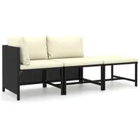 vidaXL 3-tlg Garten-Lounge-Set mit Kissen Poly Rattan Schwarz