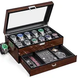 BEWISHOME 12 Uhrenbox mit Tablett Schublade, Luxus-Uhrenbox Herren Uhrenkoffer, Uhrenaufbewahrung mit Echtem Glasdeckel, Metallscharnier, Uhren Aufbewahrungsbox, Uhren Box, Braun, ESSH02Y
