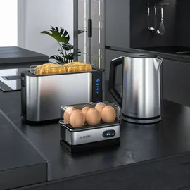 Arendo Frühstücksset, Wasserkocher 1,5 Liter + 6er Eierkocher + Langschlitztoaster für 4 Scheiben, Silber