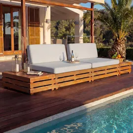 MCW Garten-Garnitur MCW-L28, Lounge-Set Sitzgruppe Lounge-Sessel Sofa, Spun Poly Akazie Holz MVG ~ Polster hellgrau