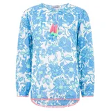 Zwillingsherz Shirtbluse "Schmetterling" mit Blumenmuster, Tasseln und Pom Pom Besatz blau SM (S/M)