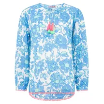 Zwillingsherz Shirtbluse "Schmetterling" mit Blumenmuster, Tasseln und Pom Pom Besatz blau SM (S/M)