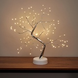 Relaxdays LED Baum, biegsame Zweige, batteriebetrieben & USB, warmweiß, Dekobaum innen, Lichterbaum Bonsai, silber/weiß