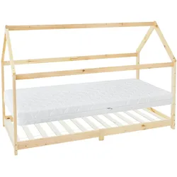Kinderbett+Matratze Hausbett Bettgestell Holzbett Bett Lattenrost Natur 90x200cm