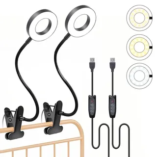 Foneso Klemme Lampe, 48 LEDs Dimmbare Leselampe Bett, 3 Modi und Stufe 10 Dimmen, 360° Flexibel USB Lampe für Lesen, Reisen, Schlafzimmer, Büro (Schwarz, Nicht wiederaufladbar),2er-Pack