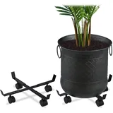 Relaxdays Pflanzenroller ausziehbar, 2er Set, innen & außen, Rolluntersetzer für Blumentopf bis 43 cm Ø, Metall, schwarz, 2 Stück
