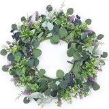 Dremisland Eukalyptus Türkranz die Haustür 55cm Künstliche Türkranz mit Lavendel Blumenkranz Faux Grün Blätter Eukalyptus Girlande Dekorativer Tischkranz Wandkranz Für Haustür Fenster Feier Dekor