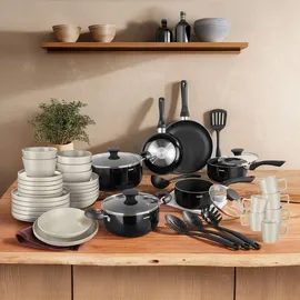 Tectake tectake® Küchenstarterset, Geschirrset aus Steingut, mit Glasur, hitzebeständig und kratzfest, inklusive 5 Küchenwerkzeugen