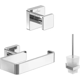 Villeroy & Boch Elements Striking Badaccessoire-Set, 3-in-1, Handtuchhaken, Toilettenpapierhalter & Bürstengarnitur, Chrom
