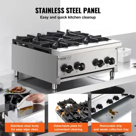 Vevor Kommerzieller Gasherd Gaskochherd mit 4 Gaskochfelder, Propan / Erdgas-Kochherd Edelstahl-Gaskochplatte, kommerzielles Kochgerät 610 x 775 x 335 mm für Restaurants Hotel Café 28 kW