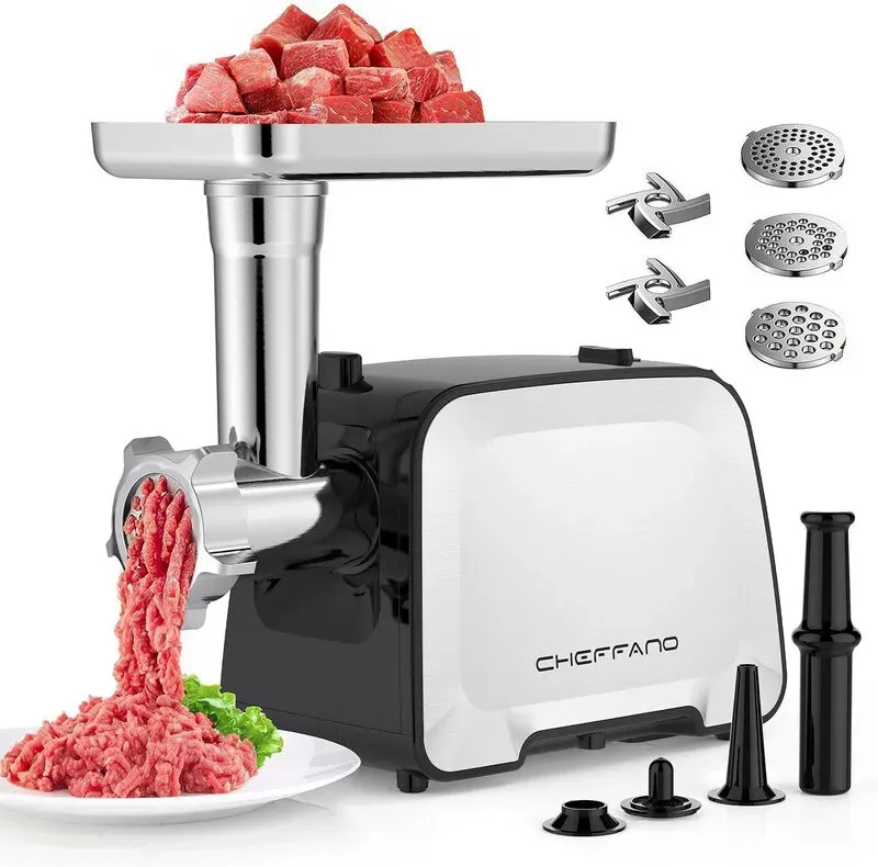 CHEFFANO MG090C Elektrischer Fleischwolf, Edelstahl-Wurstfüller mit 2 Schneiden, 3 Lochscheiben, Wurstfüllrohr & Kubbe-Set, robust für den Heimgebrauch