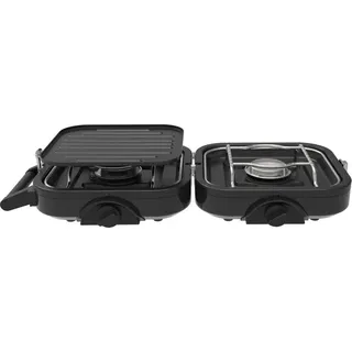 KaminX klappbarer Gaskocher (2-flammiger Gaskocher,1x Grillplatte, aus Edelstahl/Kunststoff/Kupfer, Schwarz) 240020