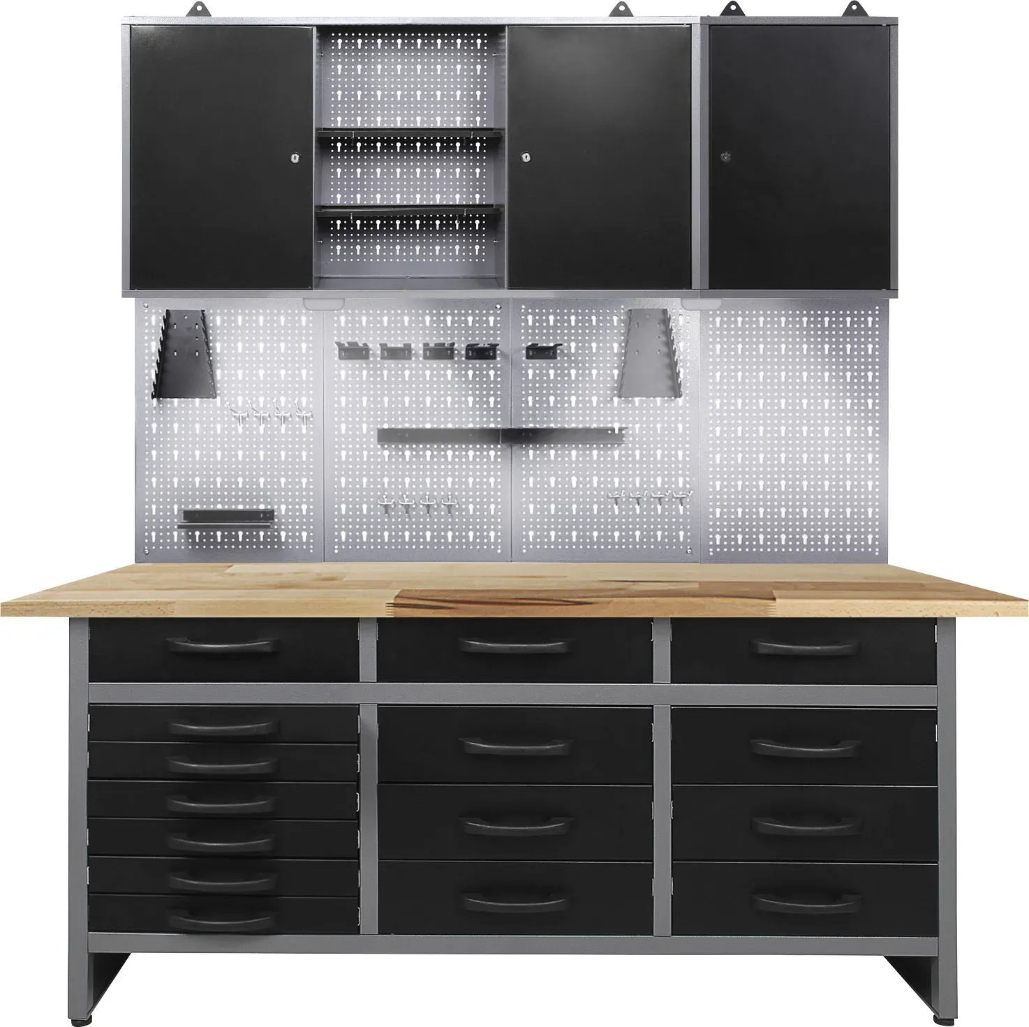 Werkstatt-Set ONDIS24, schwarz (anthrazit, schwarz, grau), B:160cm H:205cm T:60cm, Edelstahl, Werkbänke, 160 cm, mit LED