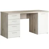 Forte Schreibtisch mit 1 Tür und 4 Schubladen, Holzwerkstoff, Sandeiche / Weiß, 60 x 145 x 76,3 cm